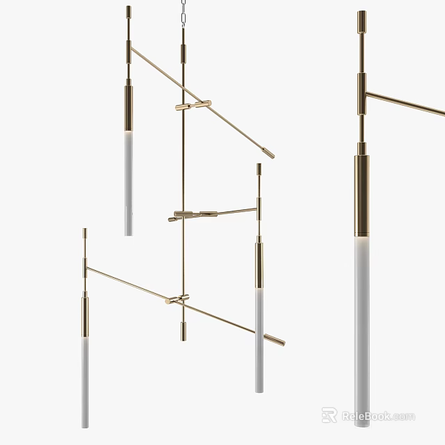 Modern Brass Chandelier With Geometric Metal Structure And White Light Tubes 3d model 