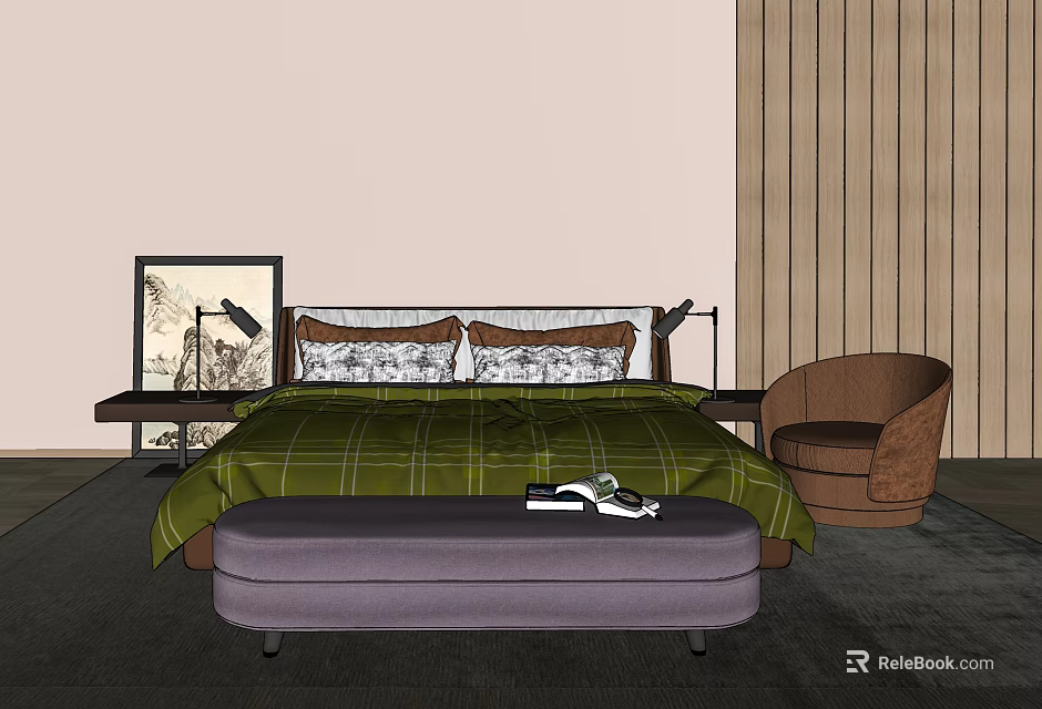 Modern Double Bed With Green Plaid Bedspread Pillows Ottoman And Wooden Wall Interior 3d model 