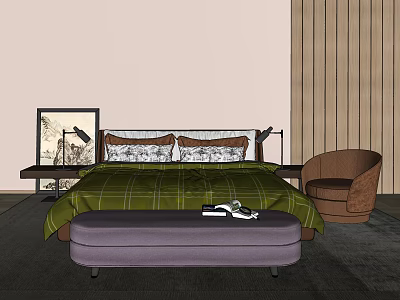 Modern Double Bed With Green Plaid Bedspread Pillows Ottoman And Wooden Wall Interior 3d model