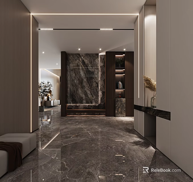Modern Entryway Hallway Interior Design With Marble Wall Storage Cabinets Lighting Strips And Floor Tiles 3d model 