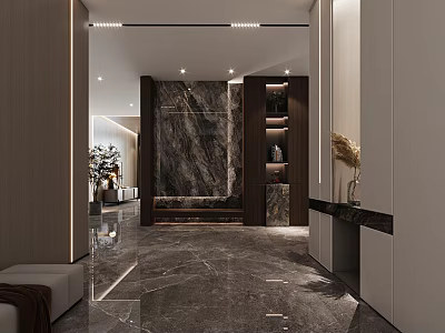 Modern Entryway Hallway Interior Design With Marble Wall Storage Cabinets Lighting Strips And Floor Tiles 3d model
