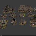 Traditional Wooden House Models With Various Roof Designs And Small Decorative Elements