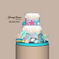 Pastel Blue and Pink Layered Cake with Stars Seashells Donuts Seahorse and Dripping White Frosting