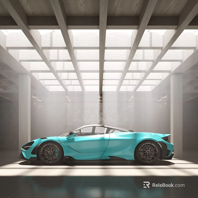 Bright Modern Car Showroom Displaying Shiny Turquoise Sports Car Under Skylight 3d model 