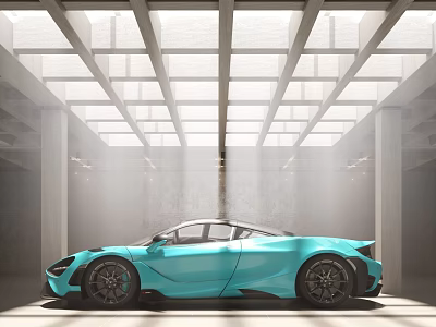 Bright Modern Car Showroom Displaying Shiny Turquoise Sports Car Under Skylight 3d model
