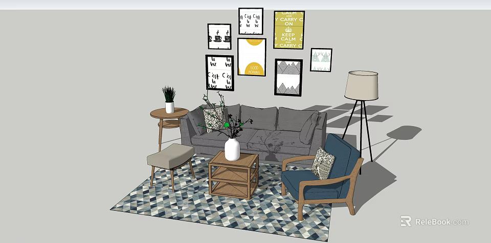 Sofa and Coffee Table Set with Blue Accent Chair Wall Art and Geometric Rug 3d model 