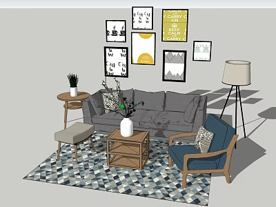 Sofa and Coffee Table Set with Blue Accent Chair Wall Art and Geometric Rug 3d model