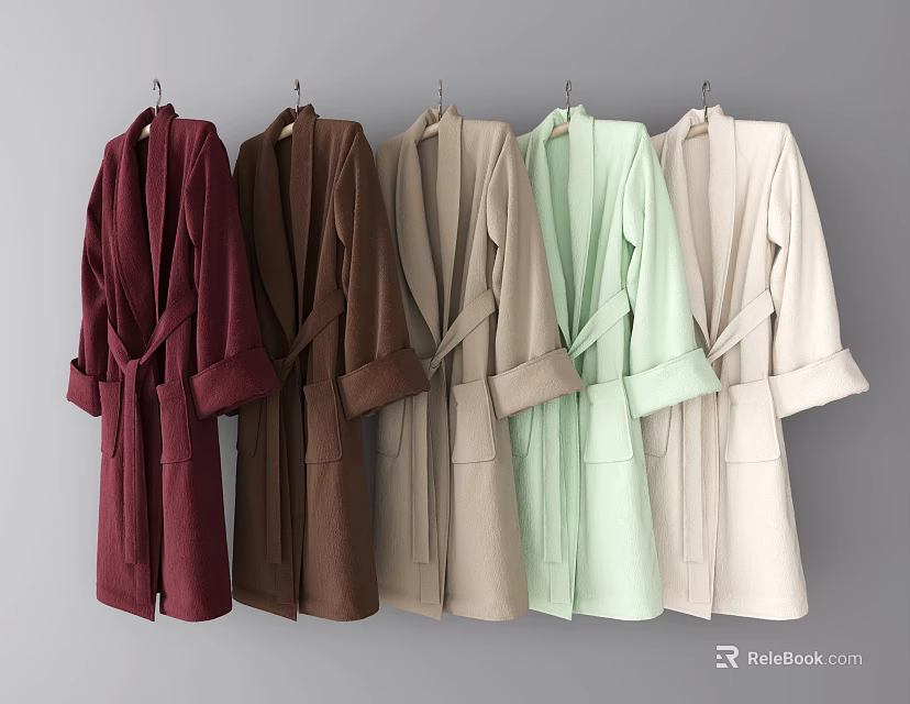 Various Colors Long Robes With Belted Design Hanging On Hooks 3d model 