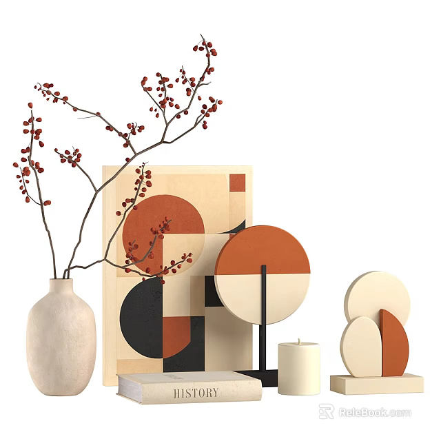 Minimalist Geometric Decorative Ornament Set With Ceramic Vase Red Berry Branches And Abstract Art Pieces 3d model 