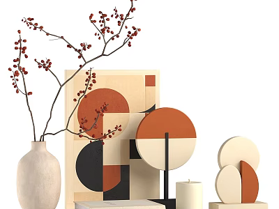 Minimalist Geometric Decorative Ornament Set With Ceramic Vase Red Berry Branches And Abstract Art Pieces 3d model