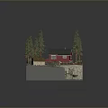 Scenic Autumn Landscape With Red Cabin Tall Pine Trees Stone Wall And Leafy Pathway