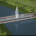 Modern White Pylon Cable Stayed Bridge Spanning River With Green Landscape And Roadway