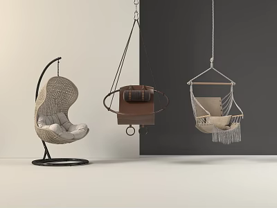 Modern Stylish Hanging Chairs With Rattan Leather Fabric Cushions Tassels And Curved Stand 3d model