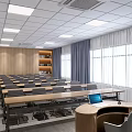 Modern School Classroom With Rows Of Desks Chairs Bookshelves Large Windows And Laptop On Teacher Desk