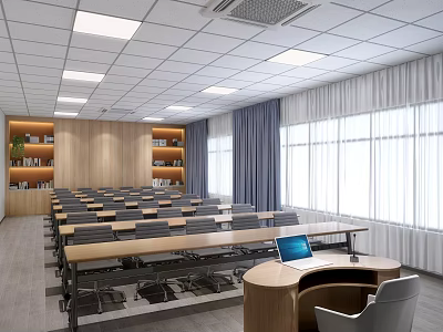 Modern School Classroom With Rows Of Desks Chairs Bookshelves Large Windows And Laptop On Teacher Desk 3d model