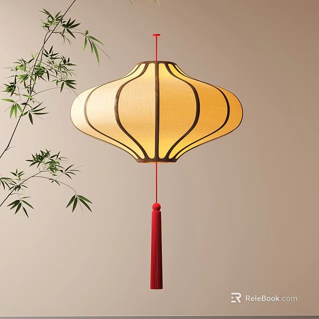 Traditional Chinese Lantern With Yellow Shade Red Tassel And Bamboo Branches 3d model 