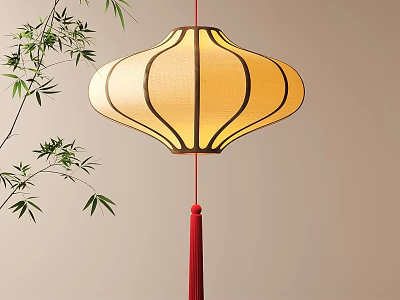 Traditional Chinese Lantern With Yellow Shade Red Tassel And Bamboo Branches 3d model