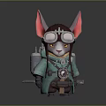 Steampunk Anthropomorphic Creature Character with Large Red Ears Goggles Green Coat and Mechanical Backpack