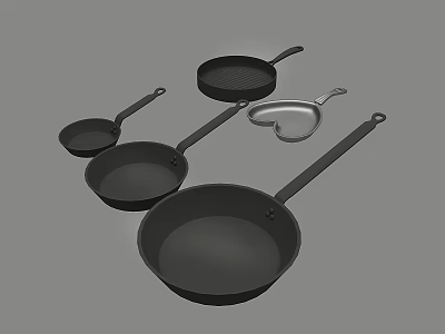 Set of Black Frying Pans with Various Sizes and Heart Shaped Skillet for Cooking 3d model