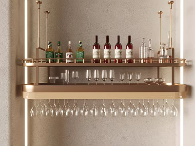 Elegant Luxury Gold Metal Wine Rack With Wine Bottles And Hanging Glasses 3d model