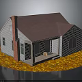 House Exterior With Red Chimney Purple Roof White Walls Porch Chair And Autumn Leaves