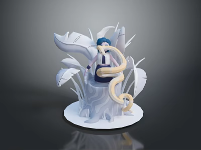 Artistic Blue Haired Character With Yellow Snake Surrounded By White Leaves And Tree Stump 3d model