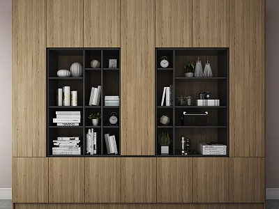 Modern Wooden Bookcase with Open Shelves Books Decorative Ornaments and Green Plants 3d model