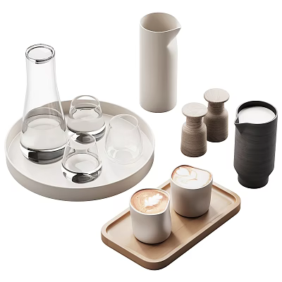 Modern Cups With Coffee Latte And Glassware On Wooden White Trays 3d model