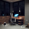 Home Office Desk With Brick Wall Large Windows Mountain View Computer And Chair
