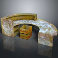 Vintage Curved Reception Desk With Textured Surface And Wooden Storage Boxes