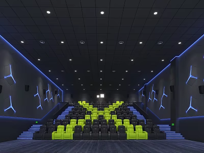 Cinema Interior With Yellow And Black Seats Blue Lighting Accents And Staircase Seating 3d model