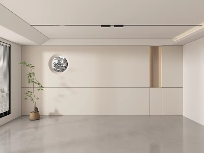Modern Elegant Beige Background Wall with Circular Decorative Art Green Plant and Wooden Elements 3d model
