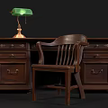 Vintage Wooden Desk With Green Marble Top Brass Table Lamp And Wooden Chair