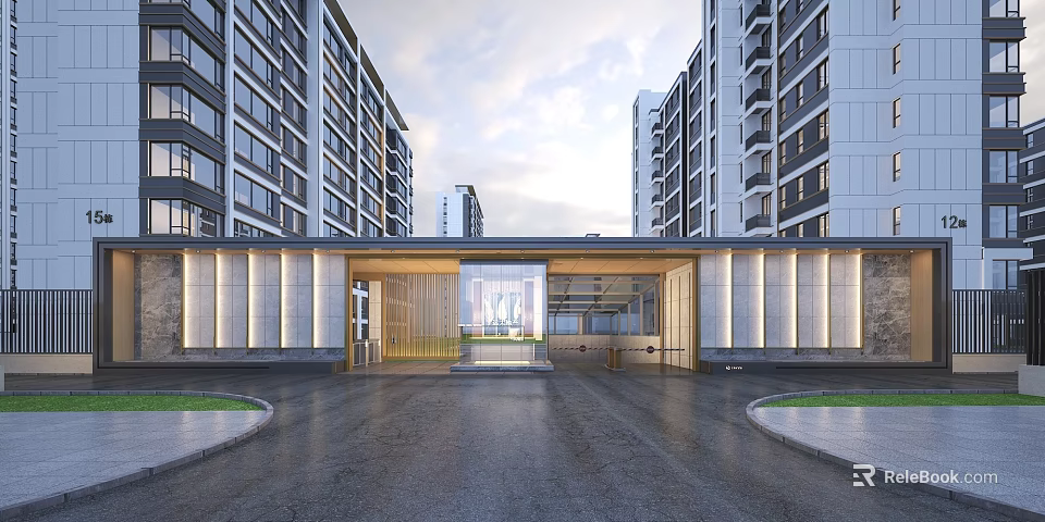 Modern Residential Building Exterior Design With Glass Curtain Wall Stone Walls And Spacious Driveway 3d model 