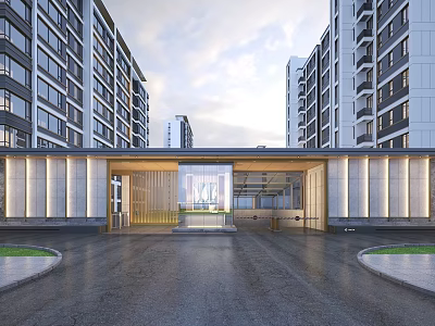 Modern Residential Building Exterior Design With Glass Curtain Wall Stone Walls And Spacious Driveway 3d model