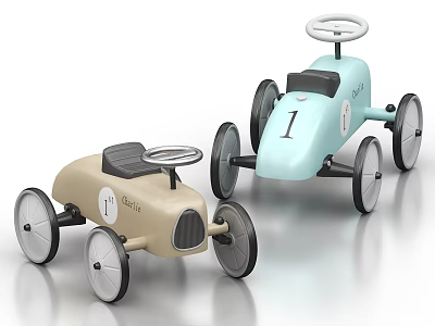 Electric Toy Cars Beige Light Blue with Steering Wheels Number 1 Racer Labels White Wheels 3d model