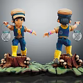 Cartoon Character Figurine In Hat Overalls Holding Lantern On Tree Stump With Mushrooms Front Back View