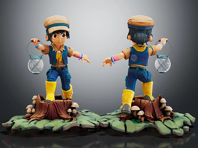 Cartoon Character Figurine In Hat Overalls Holding Lantern On Tree Stump With Mushrooms Front Back View 3d model