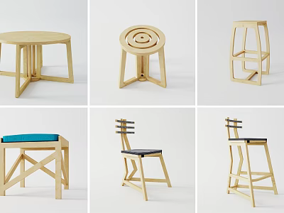 Stylish Wooden Stools Collection Featuring Various Modern Designs And Unique Structures 3d model
