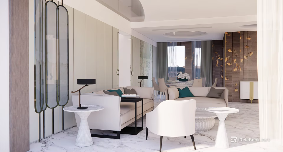 Elegant Modern Living Room Interior With White Sofa Green Cushions And Marble Floor 3d model 