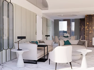 Elegant Modern Living Room Interior With White Sofa Green Cushions And Marble Floor 3d model