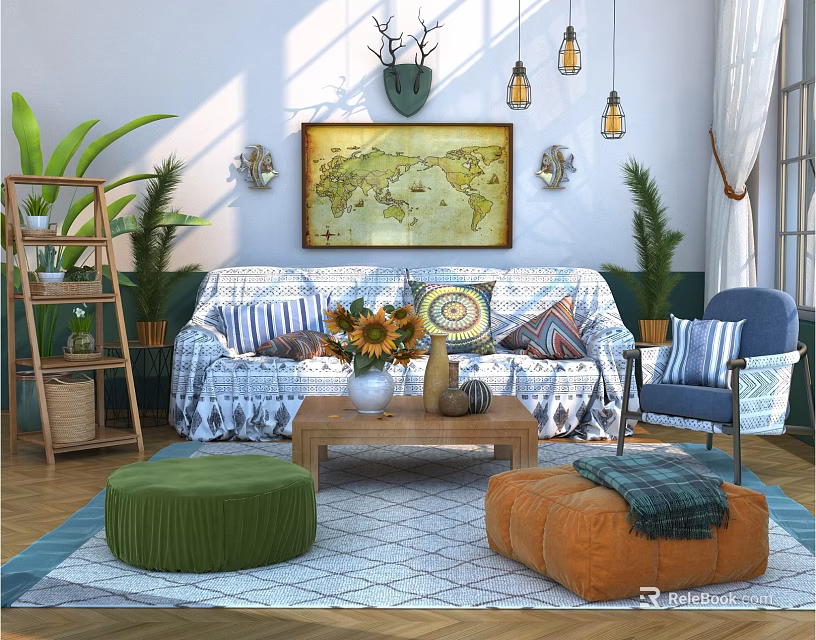 Vintage Style Sofa and Coffee Table Set with Fabric Cushions Sunflowers Plants and Patterned Ottomans 3d model 
