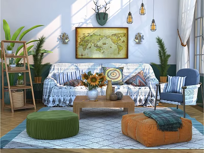 Vintage Style Sofa and Coffee Table Set with Fabric Cushions Sunflowers Plants and Patterned Ottomans 3d model