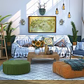 Vintage Style Sofa and Coffee Table Set with Fabric Cushions Sunflowers Plants and Patterned Ottomans