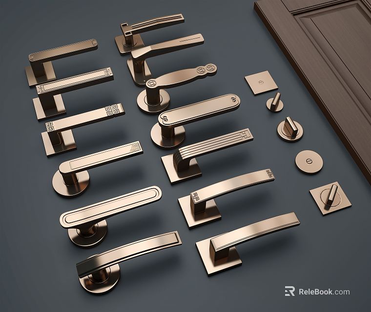 Sleek Modern Brass Door Handles With Lock Components And Backplates 3d model 