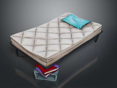 Light diamond quilted mattress with blue pillow and books under transparent box on dark background 3d model