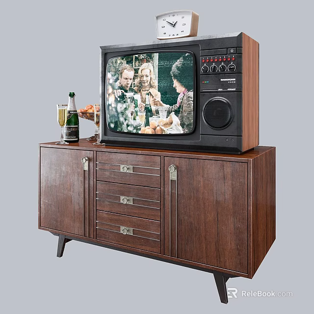 Vintage Television On Wooden TV Stand With Champagne Bottle And Fruit Plate 3d model 