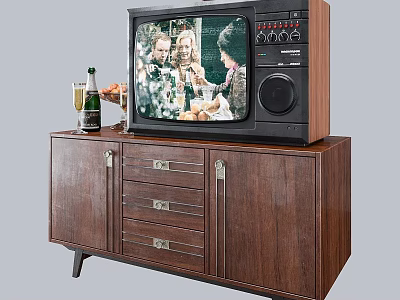 Vintage Television On Wooden TV Stand With Champagne Bottle And Fruit Plate 3d model