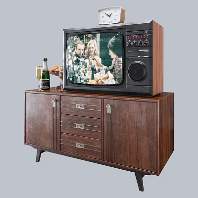 Vintage Television On Wooden TV Stand With Champagne Bottle And Fruit Plate 3d model