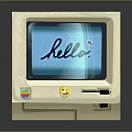 Vintage Electronic Computer Screen Displaying Hello Text With Smiley Sticker And Decorative Decals